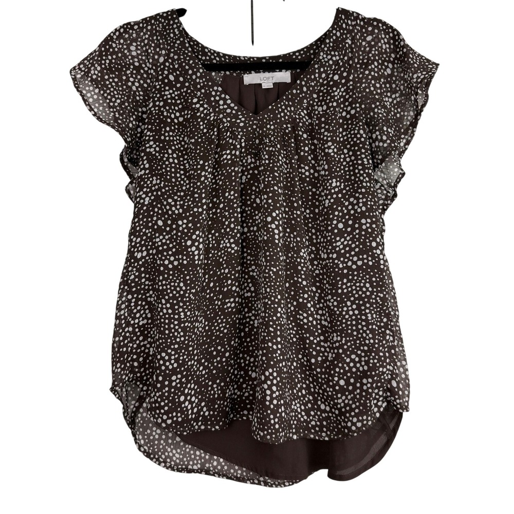 Loft Brown White Polka Dot Flutter Sleeve V-Neck Blouse Top 761461 Womens Med